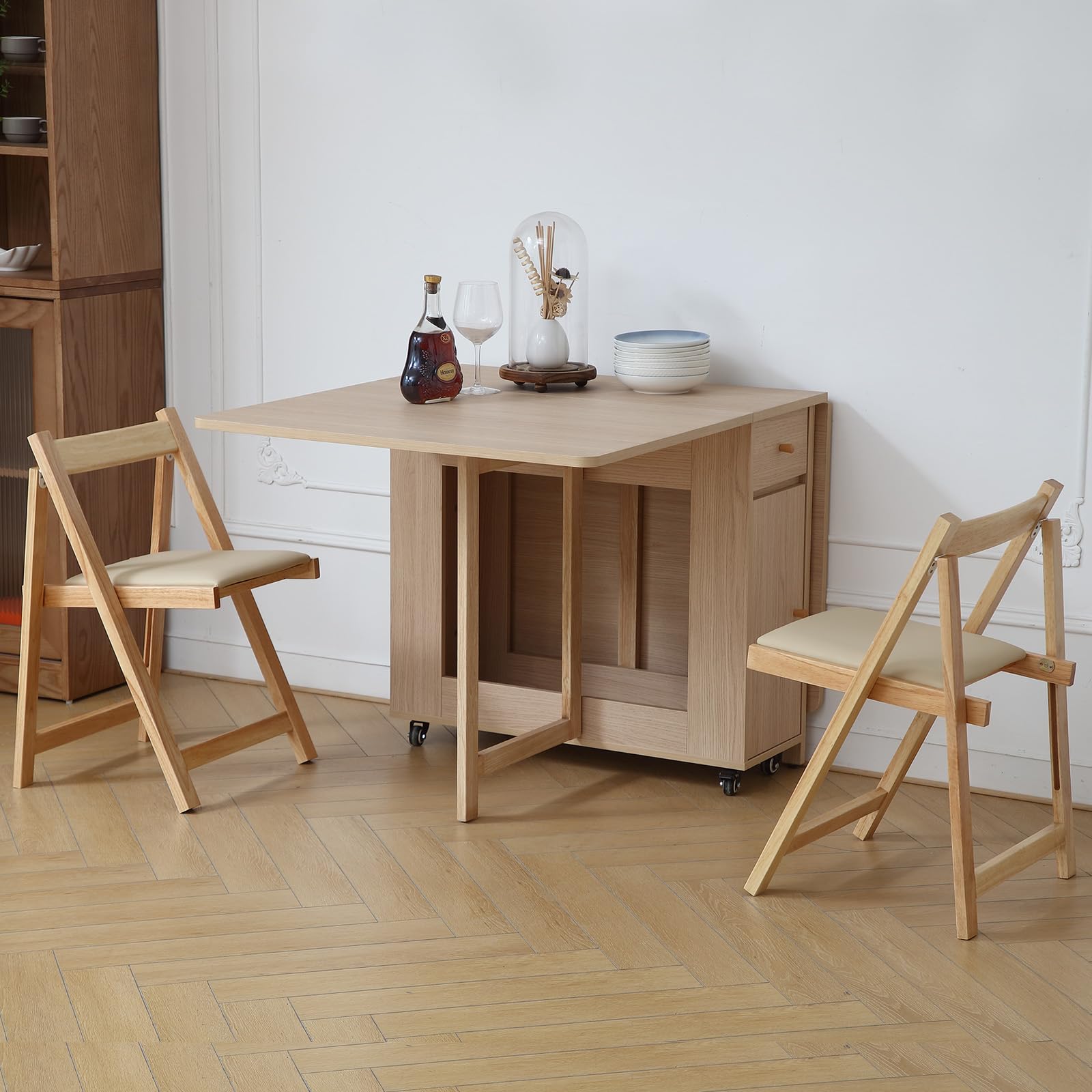 バタフライ 伸長式 ダイニングテーブル幅32~152cm 折りたたみダイニングテーブル 収納付き 折り畳み 省スペース設計 2つの引き出しと4つの車輪 家庭用 ナチュラル